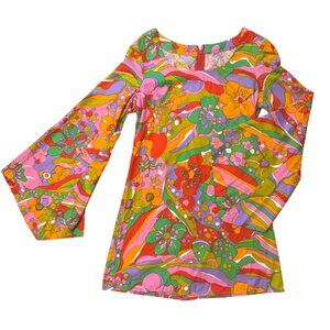 60’s Go Go S Mini Dress Psychedelic Mod Bell Sleeves Pink Orange Hippie Groovy